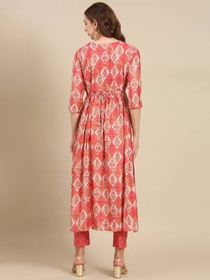women's v-neck ethnic motifs foil print coral anarkali kurta and trouser 4