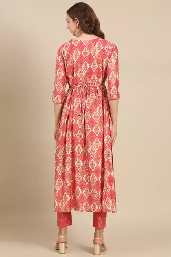 women's v-neck ethnic motifs foil print coral anarkali kurta and trouser