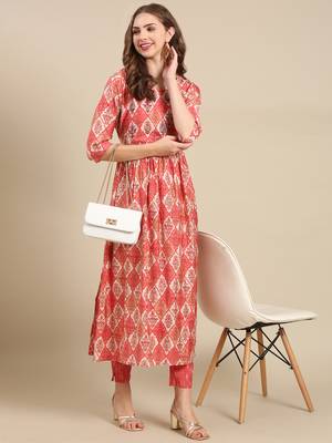 women's v-neck ethnic motifs foil print coral anarkali kurta and trouser 5