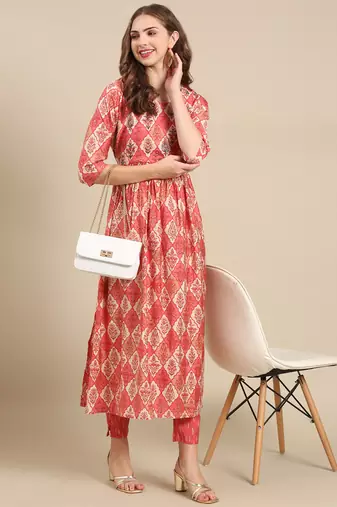 women's v-neck ethnic motifs foil print coral anarkali kurta and trouser