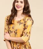 women's round neck ethnic motifs foil print mustard anarkali kurta and trouser