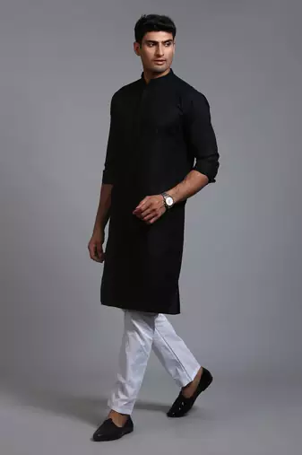 Black And White Cotton Blend Kurta Pyjama Set