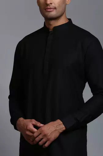 Black And White Cotton Blend Kurta Pyjama Set