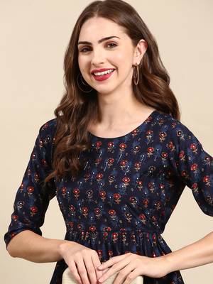 women's round neck ethnic motifs foil print navy blue anarkali kurta and trouser 1