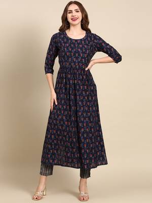 women's round neck ethnic motifs foil print navy blue anarkali kurta and trouser 2