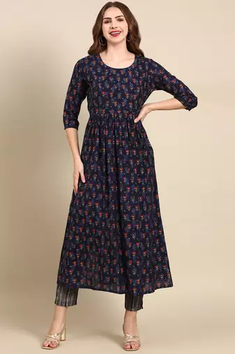 women's round neck ethnic motifs foil print navy blue anarkali kurta and trouser