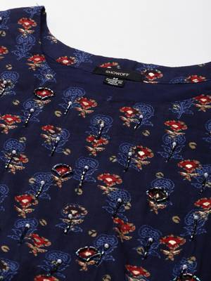women's round neck ethnic motifs foil print navy blue anarkali kurta and trouser 3