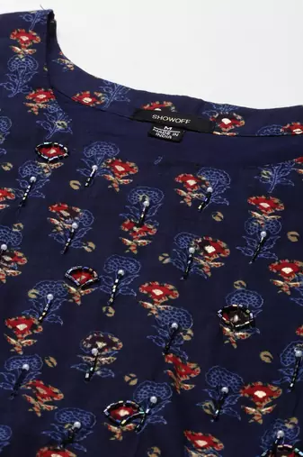women's round neck ethnic motifs foil print navy blue anarkali kurta and trouser