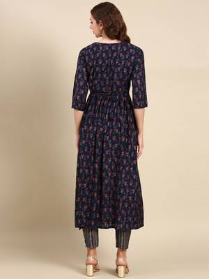 women's round neck ethnic motifs foil print navy blue anarkali kurta and trouser 4