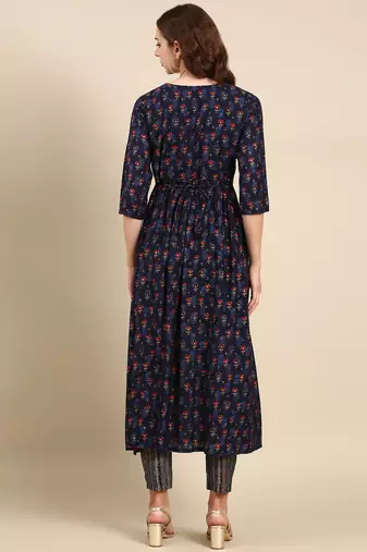 women's round neck ethnic motifs foil print navy blue anarkali kurta and trouser