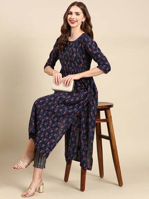 women's round neck ethnic motifs foil print navy blue anarkali kurta and trouser 5