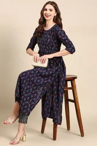 women's round neck ethnic motifs foil print navy blue anarkali kurta and trouser