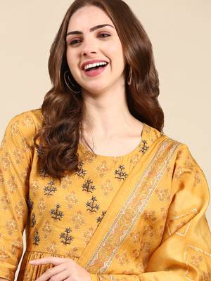 women's round neck ethnic motifs foil print mustard anarkali kurta and trouser with dupatta 1