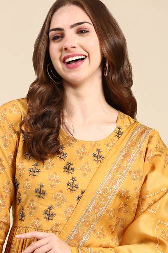 women's round neck ethnic motifs foil print mustard anarkali kurta and trouser with dupatta