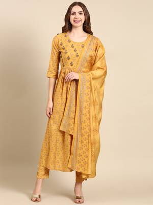 women's round neck ethnic motifs foil print mustard anarkali kurta and trouser with dupatta 2