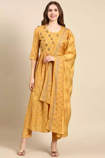 women's round neck ethnic motifs foil print mustard anarkali kurta and trouser with dupatta