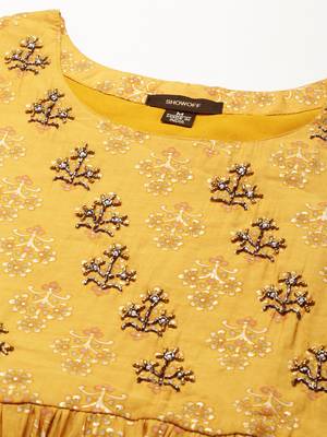 women's round neck ethnic motifs foil print mustard anarkali kurta and trouser with dupatta 3