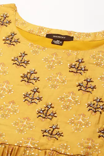 women's round neck ethnic motifs foil print mustard anarkali kurta and trouser with dupatta