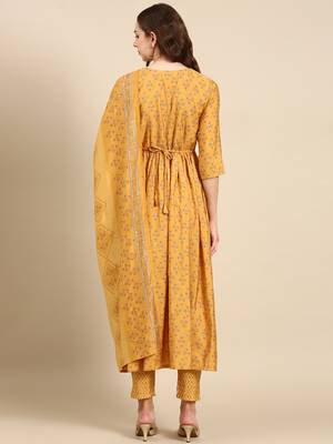 women's round neck ethnic motifs foil print mustard anarkali kurta and trouser with dupatta 4