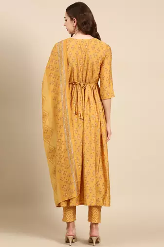 women's round neck ethnic motifs foil print mustard anarkali kurta and trouser with dupatta