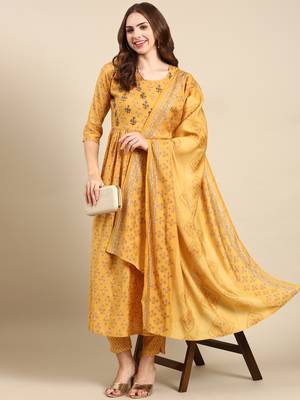 women's round neck ethnic motifs foil print mustard anarkali kurta and trouser with dupatta 5