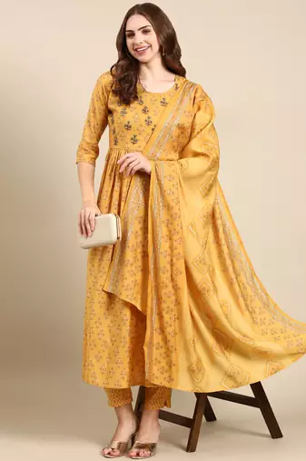 women's round neck ethnic motifs foil print mustard anarkali kurta and trouser with dupatta