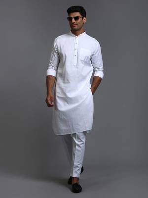 White Cotton Blend Plain Chinese Collar Kurta Pyjama Set 1