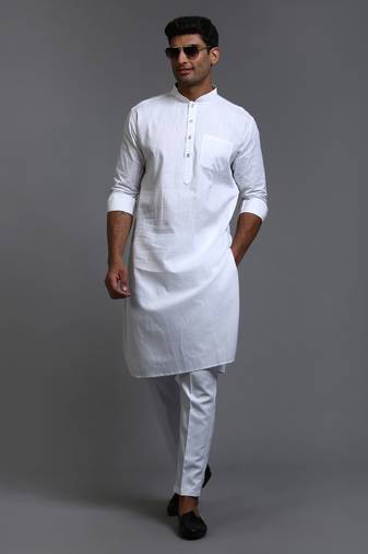 White Cotton Blend Plain Chinese Collar Kurta Pyjama Set