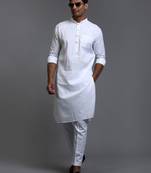 White Cotton Blend Plain Chinese Collar Kurta Pyjama Set