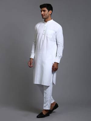 White Cotton Blend Plain Chinese Collar Kurta Pyjama Set 2