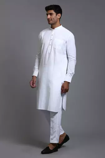 White Cotton Blend Plain Chinese Collar Kurta Pyjama Set