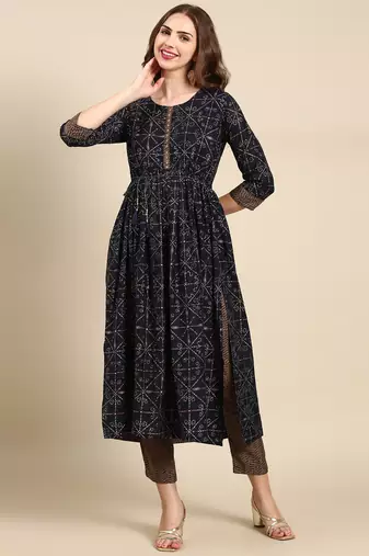 women's round neck geometric foil print navy blue anarkali kurta and trouser