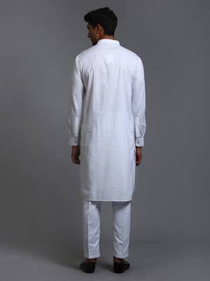 White Cotton Blend Plain Chinese Collar Kurta Pyjama Set 3