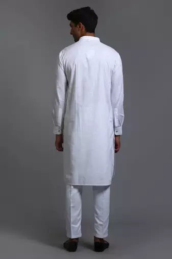 White Cotton Blend Plain Chinese Collar Kurta Pyjama Set