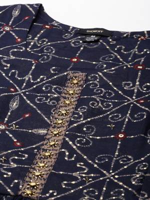 women's round neck geometric foil print navy blue anarkali kurta and trouser 3