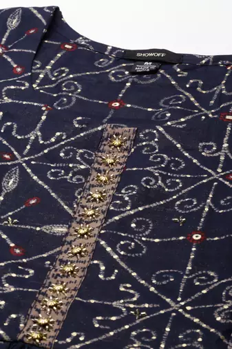women's round neck geometric foil print navy blue anarkali kurta and trouser