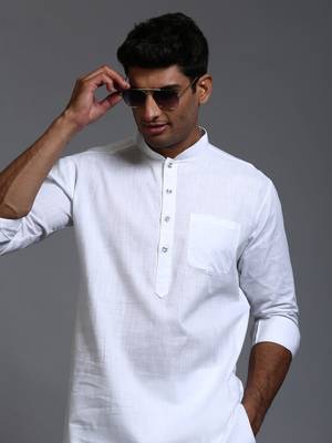 White Cotton Blend Plain Chinese Collar Kurta Pyjama Set 4