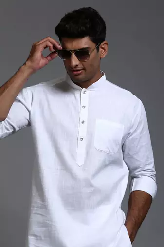 White Cotton Blend Plain Chinese Collar Kurta Pyjama Set