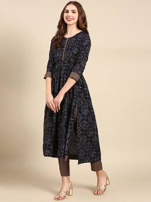 women's round neck geometric foil print navy blue anarkali kurta and trouser 4