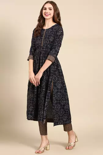 women's round neck geometric foil print navy blue anarkali kurta and trouser