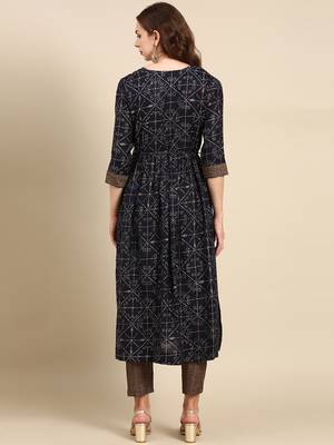 women's round neck geometric foil print navy blue anarkali kurta and trouser 5