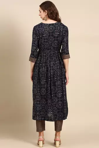 women's round neck geometric foil print navy blue anarkali kurta and trouser