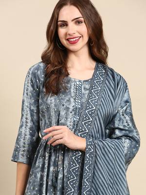 women's round neck abstract foil print grey anarkali kurta and trouser with dupatta 1