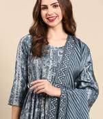 women's round neck abstract foil print grey anarkali kurta and trouser with dupatta