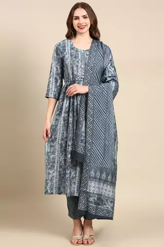 women's round neck abstract foil print grey anarkali kurta and trouser with dupatta