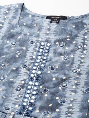 women's round neck abstract foil print grey anarkali kurta and trouser with dupatta 3