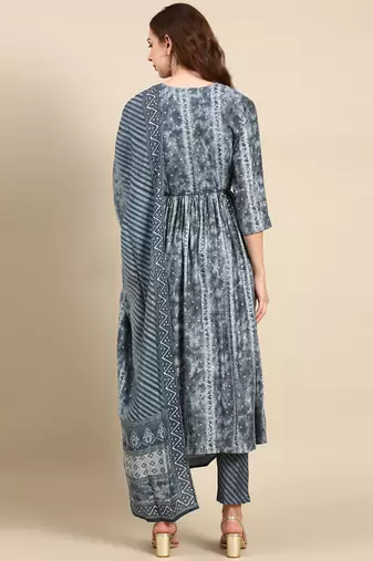 women's round neck abstract foil print grey anarkali kurta and trouser with dupatta