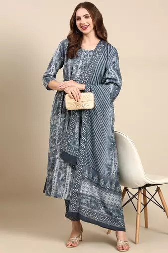 women's round neck abstract foil print grey anarkali kurta and trouser with dupatta