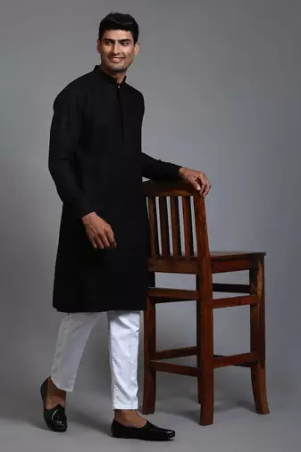 Black And White Cotton Blend Kurta Pyjama Set