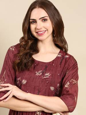 women's round neck geometric foil print violet anarkali kurta and trouser 1